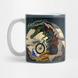 Interesting abstract cartoon mountain biker riding with a dinosaur? Mug